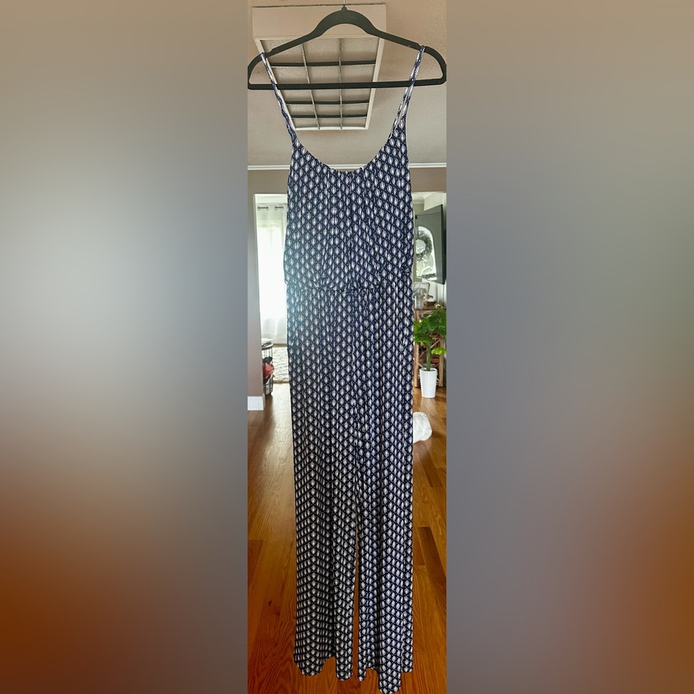 Kaileigh Navy and White Leaf Print Jumpsuit